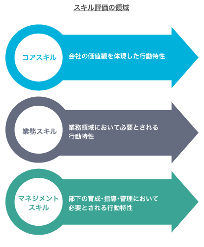 スキル評価はコアスキル、業務スキル、マネジメントスキルの3つの領域から構成され、職位や職種に応じて組み合わせて活用します